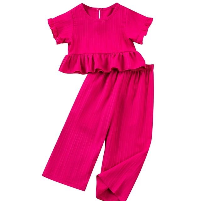 Odeerbi 2-8 Años Niñas Trajes de Verano Tops de Manga Corta Con Volantes de Algodón Pantalones de Pata Ancha Conjunto de Dos Piezas Deportes