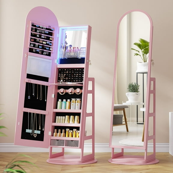 LVSOMT 64.9" Jewelry Armoire with 360° Swivel & Full-Length Mirror - Free Standing Makeup Organizer Lockable Storage, Pink