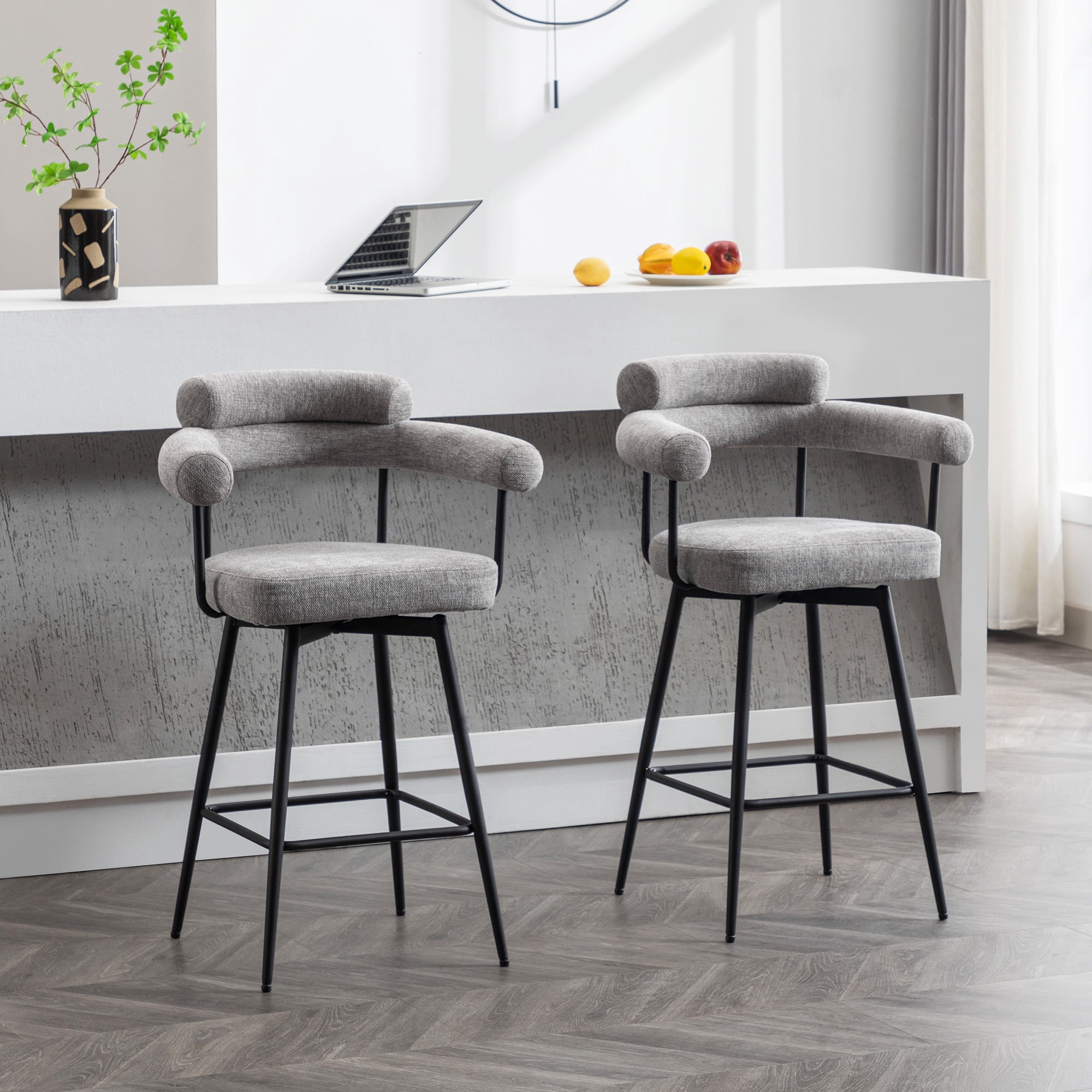 Zesthouse 26.7" Swivel Counter Stools Set of 2, Linen Upholstered Bar Stools with Back and Metal Legs, Modern Counter Height Chairs for Kitchen Island, Gray