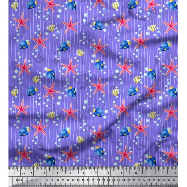 Soimoi Purple Poly Georgette Fabric Bubbles,Starfish & Tangfish Ocean Decor Fabric Printed Yard 42 Inch Wide