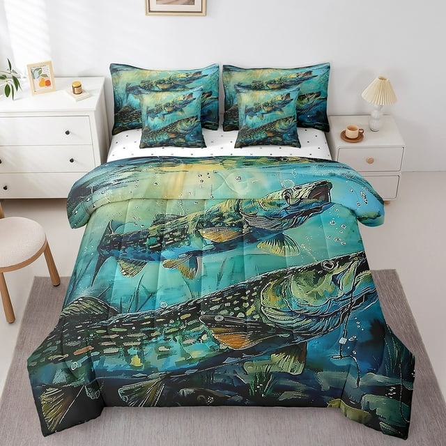 YST Ensemble de Douillette à Motif de Poisson-Bass, Thème Poisson, Vert, Vintage, Grand Lit (7 Pcs)