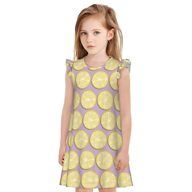 Fotbe Yellow Lemon Slices Vestido de Dormir para Niñas de 3 a 10 Años, Mangas Cortas, Estilo Princesa, Pijama Camisón con Mangas Voladas-Large