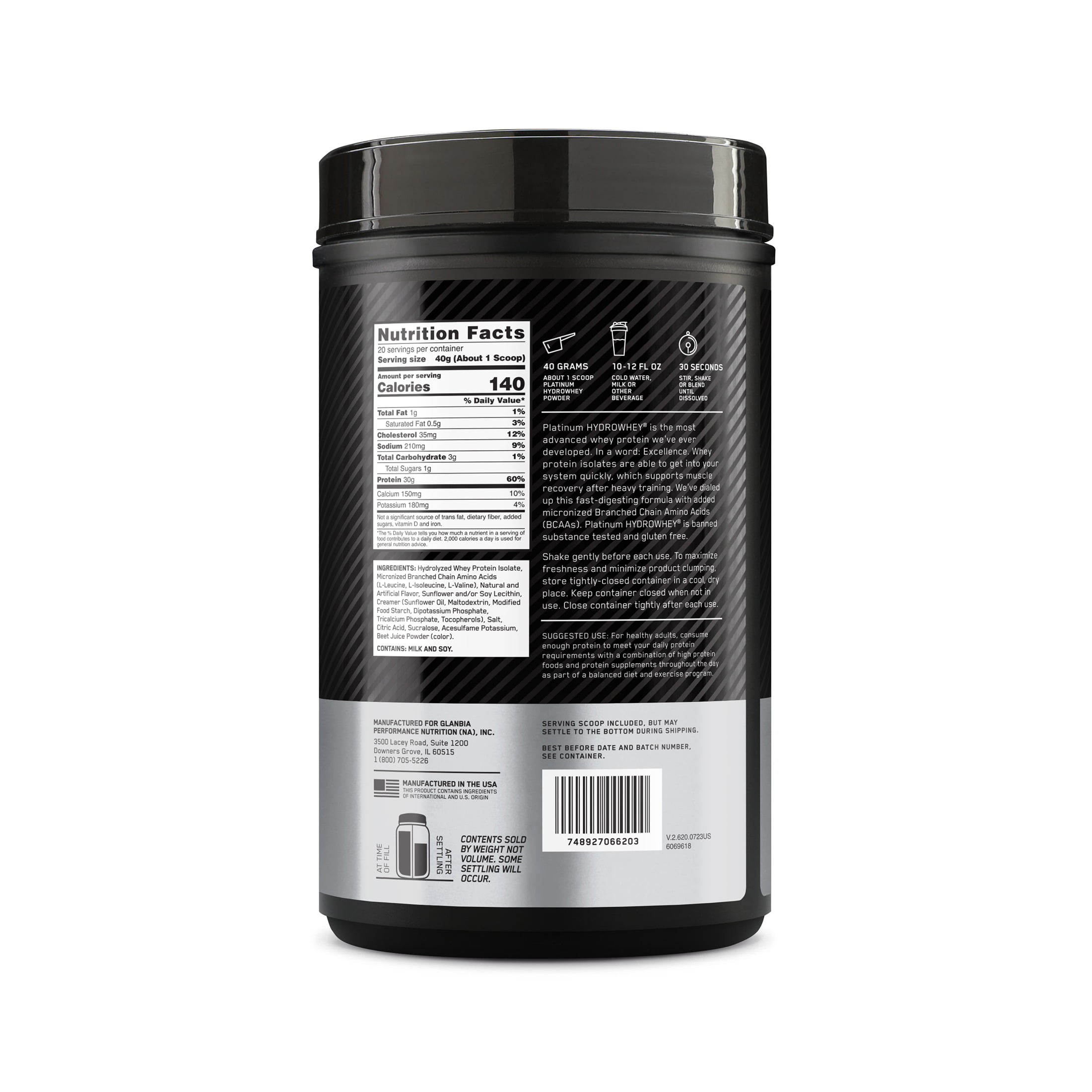 Optimum Nutrition Platinum Hydrowhey Protein Powder, Supercharged Strawberry, 20 Servings