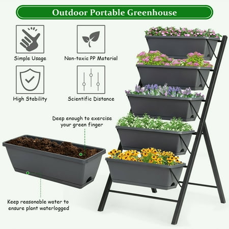 Costway 4 ft Vertical Raised Garden Bed 5-Tier Planter Box for Patio Balcony Flower Herb - Gray