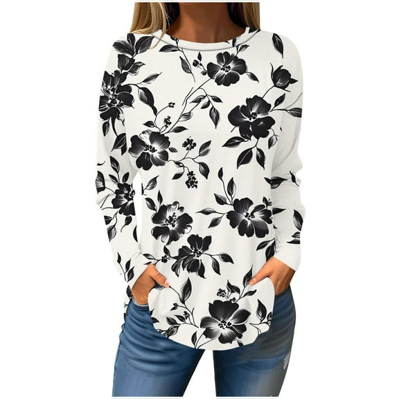Uootdi Women's Black Floral Print Sweatshirt Crew Neck Long Sleeve with Pockets Casual Loose Fit Fall Fashion Vintage Pullover White Women Tops