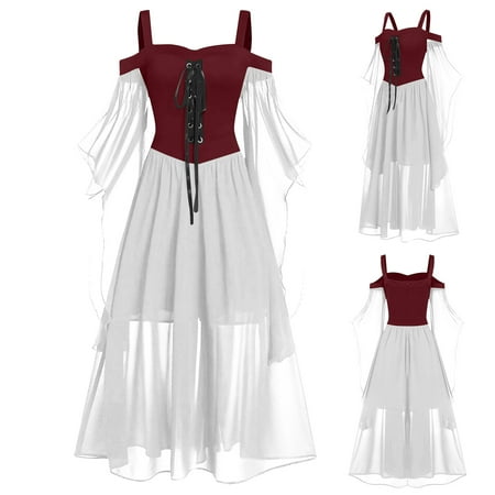 Womens s Medieval Renaissance Costume Cosplay Dress Long Sleeve Cold Shoulder Steampunk Gothic Victorian Corset Dress Womens Plus Size Solid Lace Up Halloween Dress  Red XXXXXL