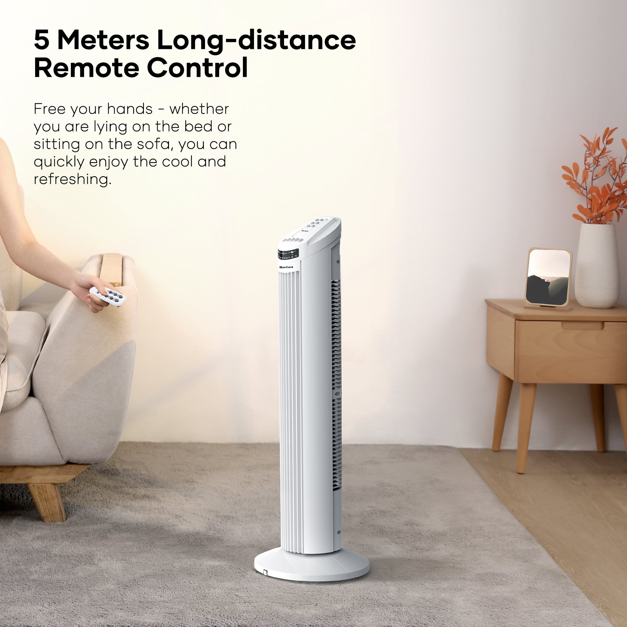 MaxKare 30" Tower Fan with Remote, 3 Speeds and Modes, Oscillating, Timer, White