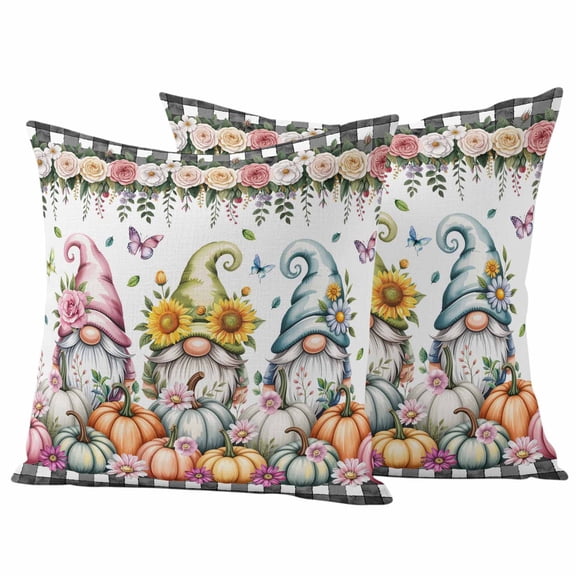 Gnomes Pumpkins Fall Outdoor Waterproof Pillow Covers, Thanksgiving Floral Leaves Butterfly Decorative Square Throw Pillowcase Sofa Cushion Sham for Patio/Couch/Chair, 18"x18" 2 Pack