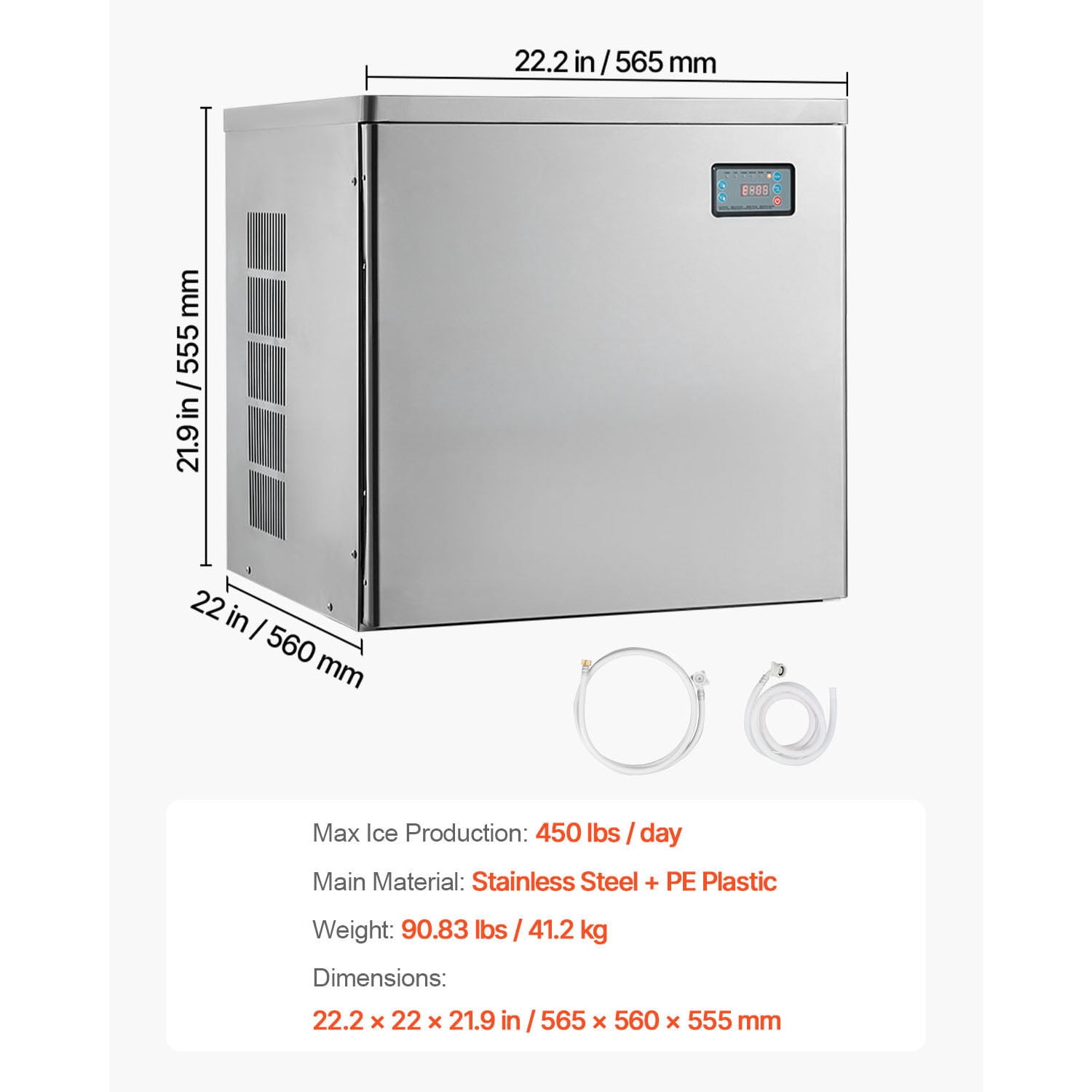 KFFKFF Commercial Ice Maker Machine - 450 Lbs/Day Stainless Steel Ice Machine with Programmable Ice-Making, Self-Cleaning Function, Adjustable Ice Thickness, Suitable for Restaurants, Bars, Cafes