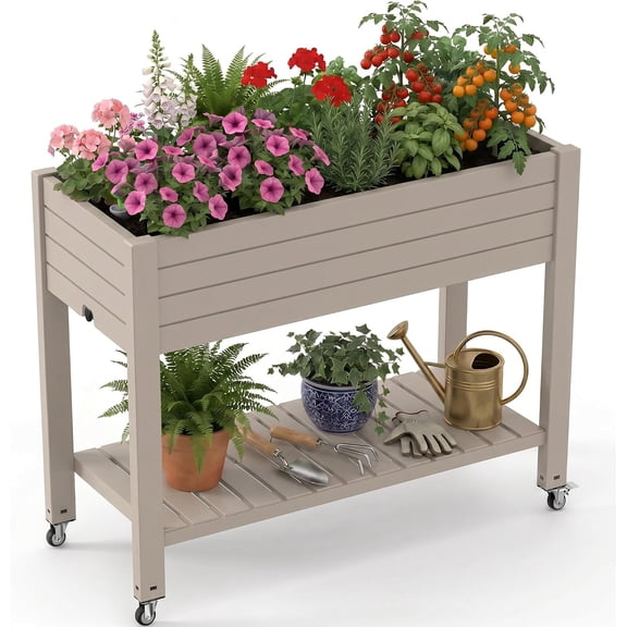 Raised Garden Bed with Wheels & Storage Shelf, Water Level Monitoring Planter for Vegetables, Herbs, Fruits, Backyard, Patio, Balcony (Grey)