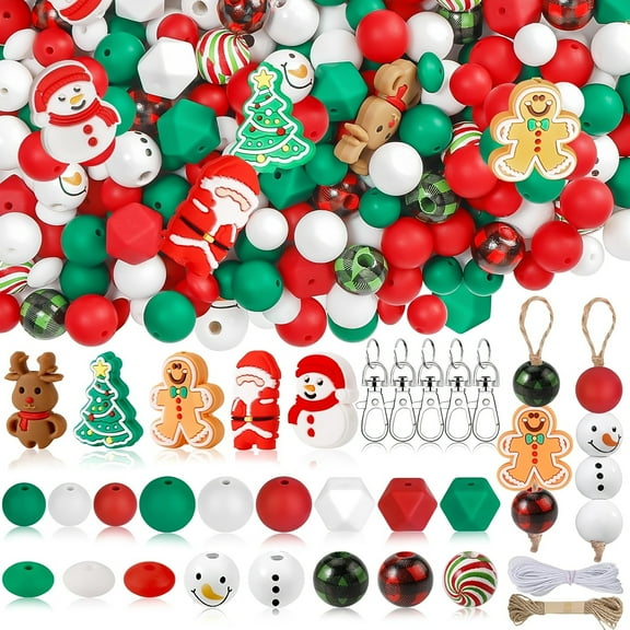 149PCS 136pcs Christmas Silicone Beads Set, 15mm 12mm Round 14mm Polygonal Silicone Loose Beads Bulk Rubber Focal Beads for Keychain Bracelet Beadable Pen Lanyard Making Kit