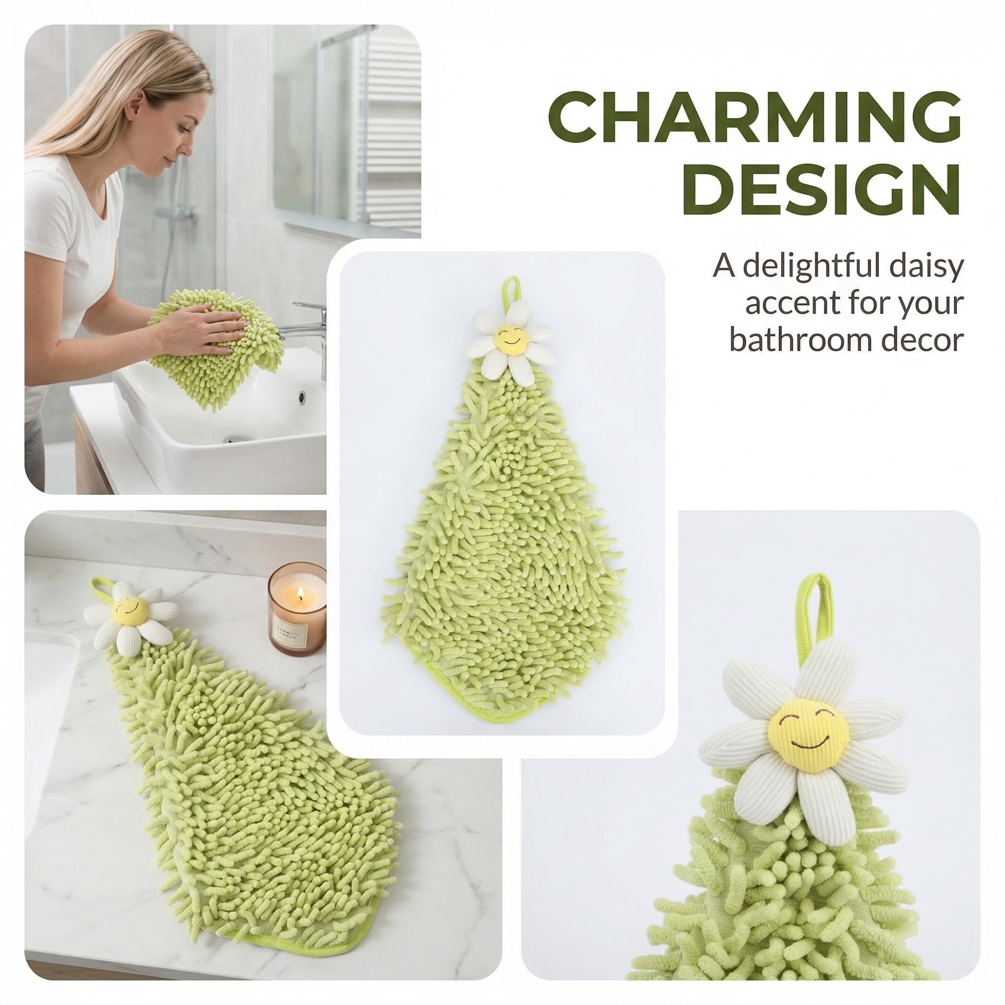 Unique Bargains Soft Absorbent Quick Dry Cute Flower Chenille Hand Towels Green 12" x 12"