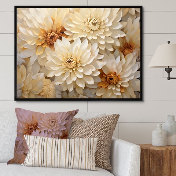 Designart "Minimalist Beige And Gold Mums Painting" Mums Floater Framed Canvas Prints