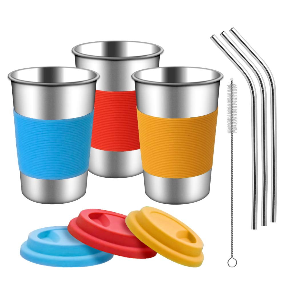 4 Pack 16oz Water Tumbler Premium Metal Cups Stackable Durable Cup for Adults Stainless Steel Cups with Straws Lids and Coasters Kids and Toddlers