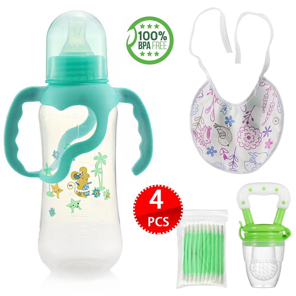 CNKOO 4 Pcs Baby Bottle Set, Fresh Silicone Baby Food Feeder with Baby Bib and Cotton Swabs,Baby Feeding Set,Baby Gift Set BPA-Free, Freezer Safe for Infants and Toddlers