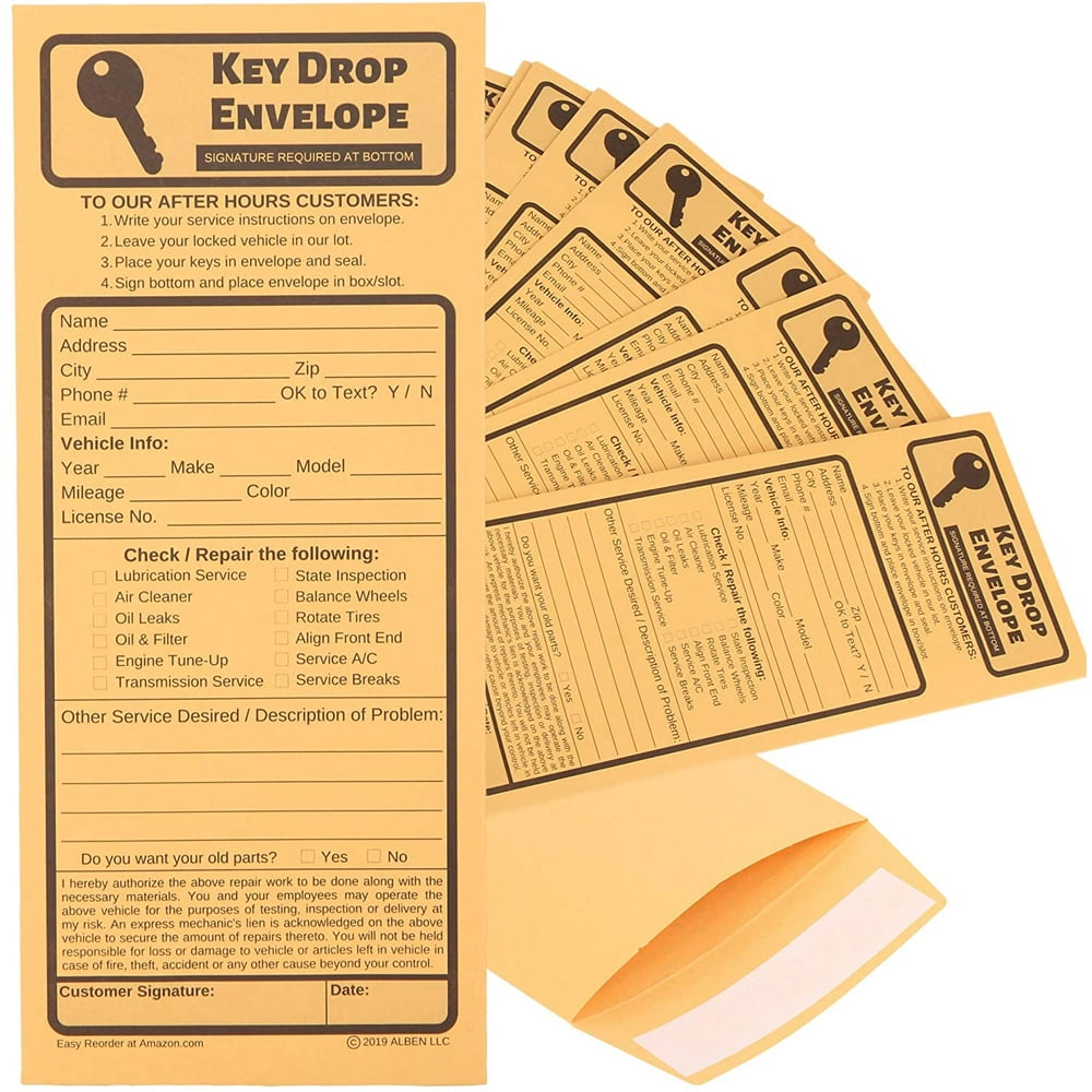 Key Drop Envelopes for After Hours Auto Shop Repair or Service Peel