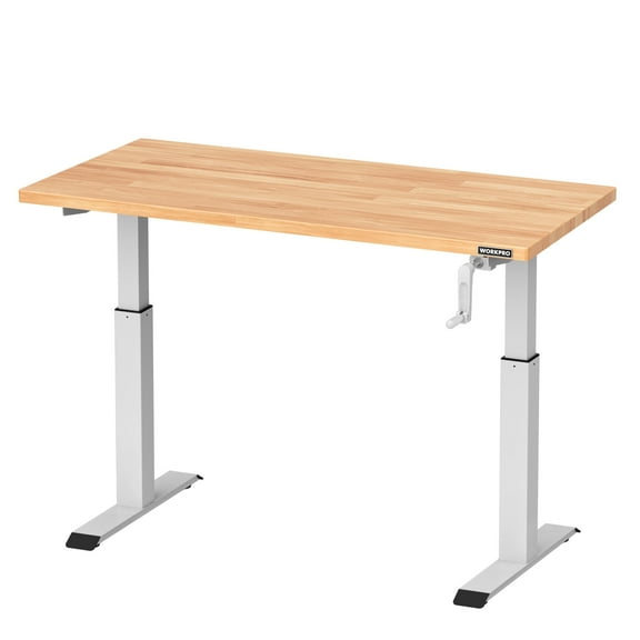 WORKPRO 47.2" x 23.6" Adjustable Height Workbench with Crank Handle, 300 lbs Load Capacity, Rubberwood Top Standing Desk for Garage, Workshop, or Home – White