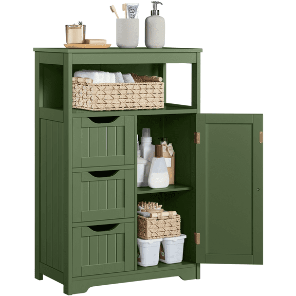 Topeakmart Wooden Freestanding Bathroom Storage Cabinet with Door and 3 Drawers, Green
