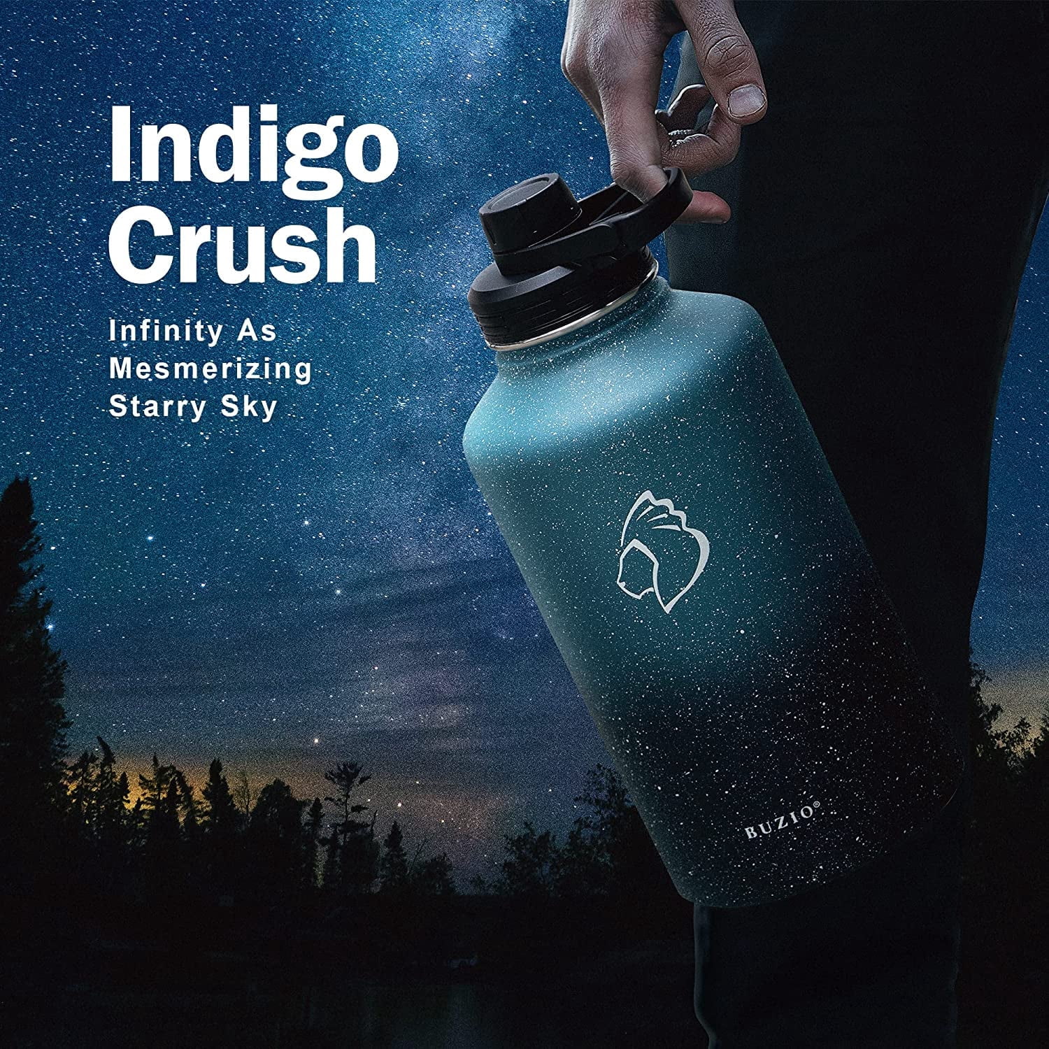 Buzio 64 oz Insulated Water Bottle with Straw & 3 Lids, Half Gallon Water Bottle Stainless Steel with Carrying Strap for Gym Sports Outdoor Hiking, Blue Starry Sky