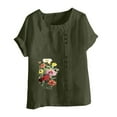 thumbnail image 4 of Womens Plus Size Tops Clearance under $10 Round Neck Short Sleeve Flower Printing Loose Summer Casual Shirt Army Green XXL, 4 of 5
