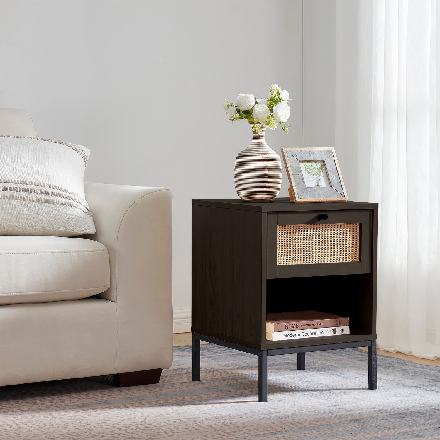 Virtu Nightstand Set of 2, Side Table with 1 Drawer, End Table for Living Room or Bedroom, Black