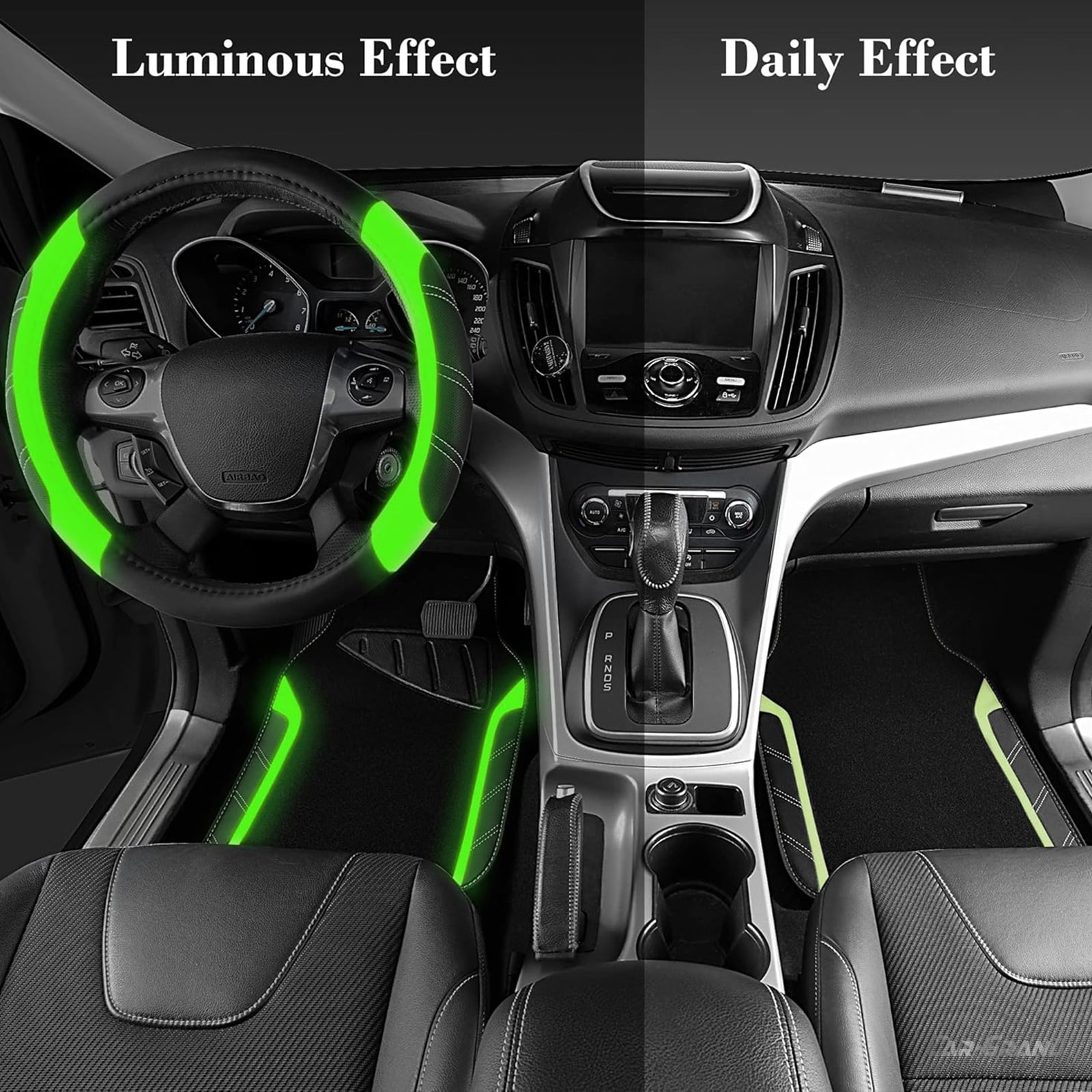 CAR GRAND Leather Steering Wheel Cover and Waterproof Carpet Car Floor Mats,Universal Fit Combo Pack Sedan,SUV,Cars, 14.5" to 15" Sporty Anti-Slip Fluoresence  Green