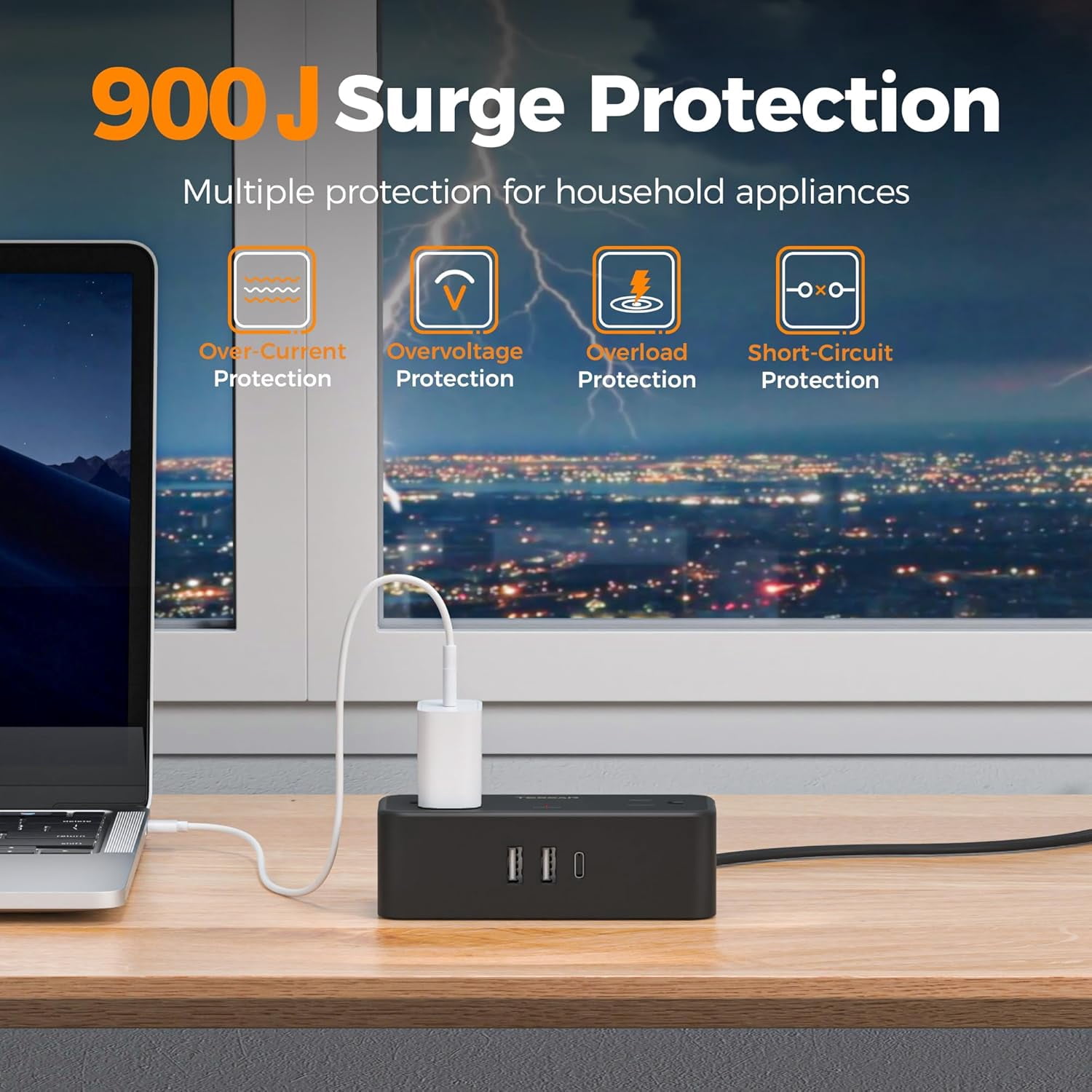 Black Extension Cord 5 Ft, Flat Surge Protector Power Strip with 4 Wide Spaced AC Outlets 3 USB Ports (1 USB C), Ultra Thin Flat Plug with 900J Surge Protection, Office Dorm Room Essentials