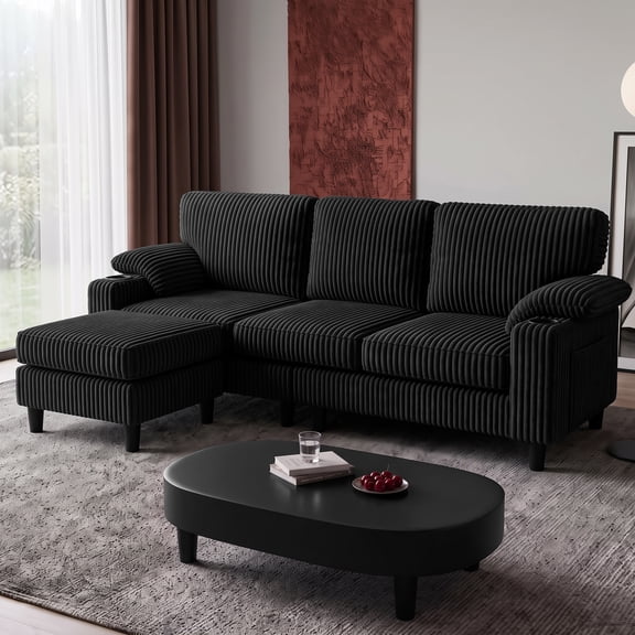 Xiweot 80" L Shaped Sectional Sofa, 3 Seater Convertible Couch with Storage Ottoman, Charging Ports & Cup Holders, Corduroy Comfy Upholstered Sofa for Living Room Apartment, Black