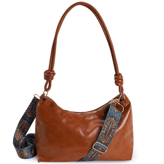 BadPiggies Crossbody Purses for Women Vintage PU Leather Handbag Shoulder Bag with Bohemia Wide Strap - Brown