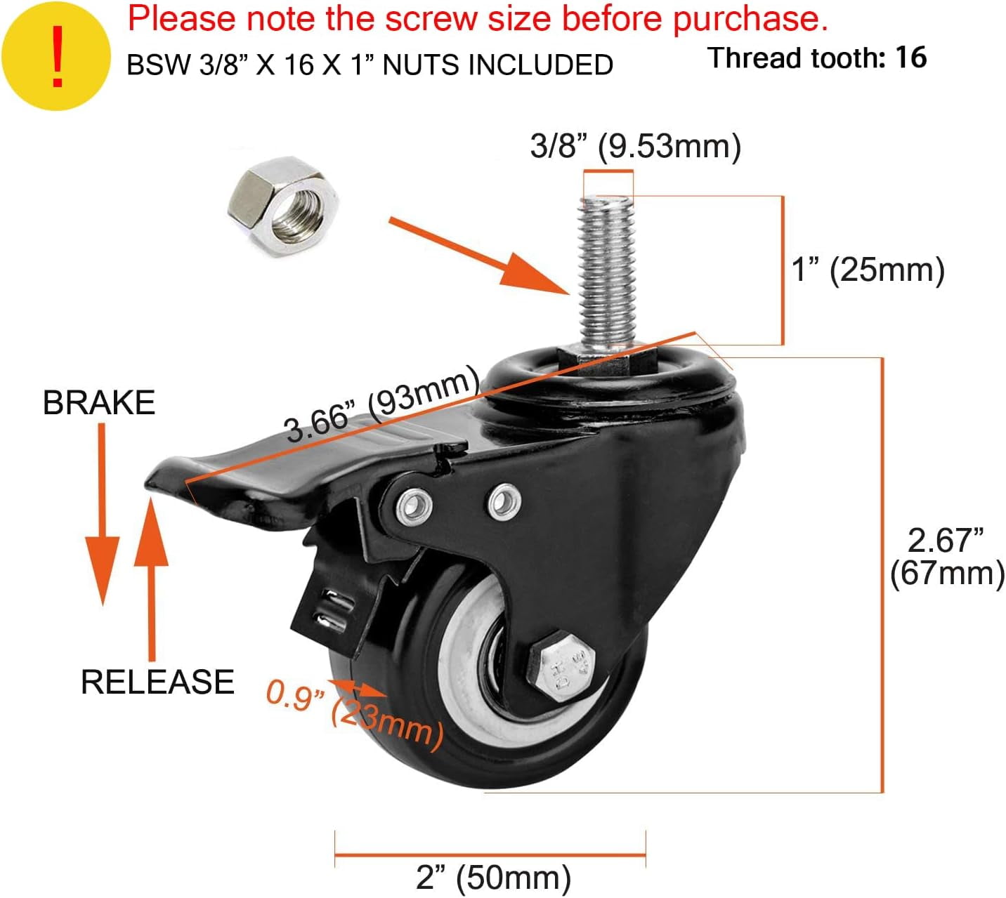2" Stem Caster Wheels with Safety Dual Locking 600Lbs Heavy Duty Threaded Stem Casters No Noise Swivel Castors with Brakes 3/8"- 16 x 1 (Set of 4)