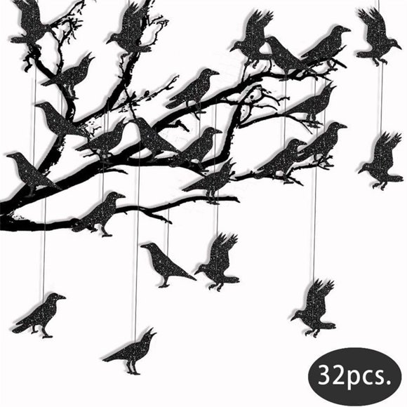 SLYNSHome 32 Pcs Halloween Black Crow Hanging Crow Decoration for Indoor Outdoor Halloween Party Haunted Mansion Decor