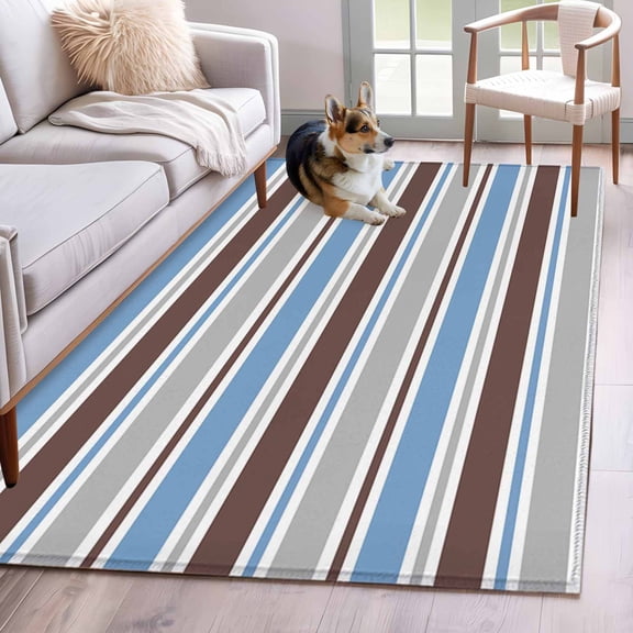 Area Rug for Living Room, Blue Brown Striped Non-Slip Indoor Large Carpet for Bedroom/Dining Room, Farmhouse Stripes Modern Abstract Art Washable Low-Profile Floor Mat Runner Rugs - 2.7 x 5 Ft