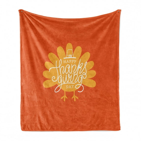 Turkey Soft Flannel Fleece Throw Blanket, Thanksgiving Day Theme with Poultry Silhouette Autumn Season November, Cozy Plush for Indoor and Outdoor Use, 50" x 60", Orange Mustard White, by Ambesonne