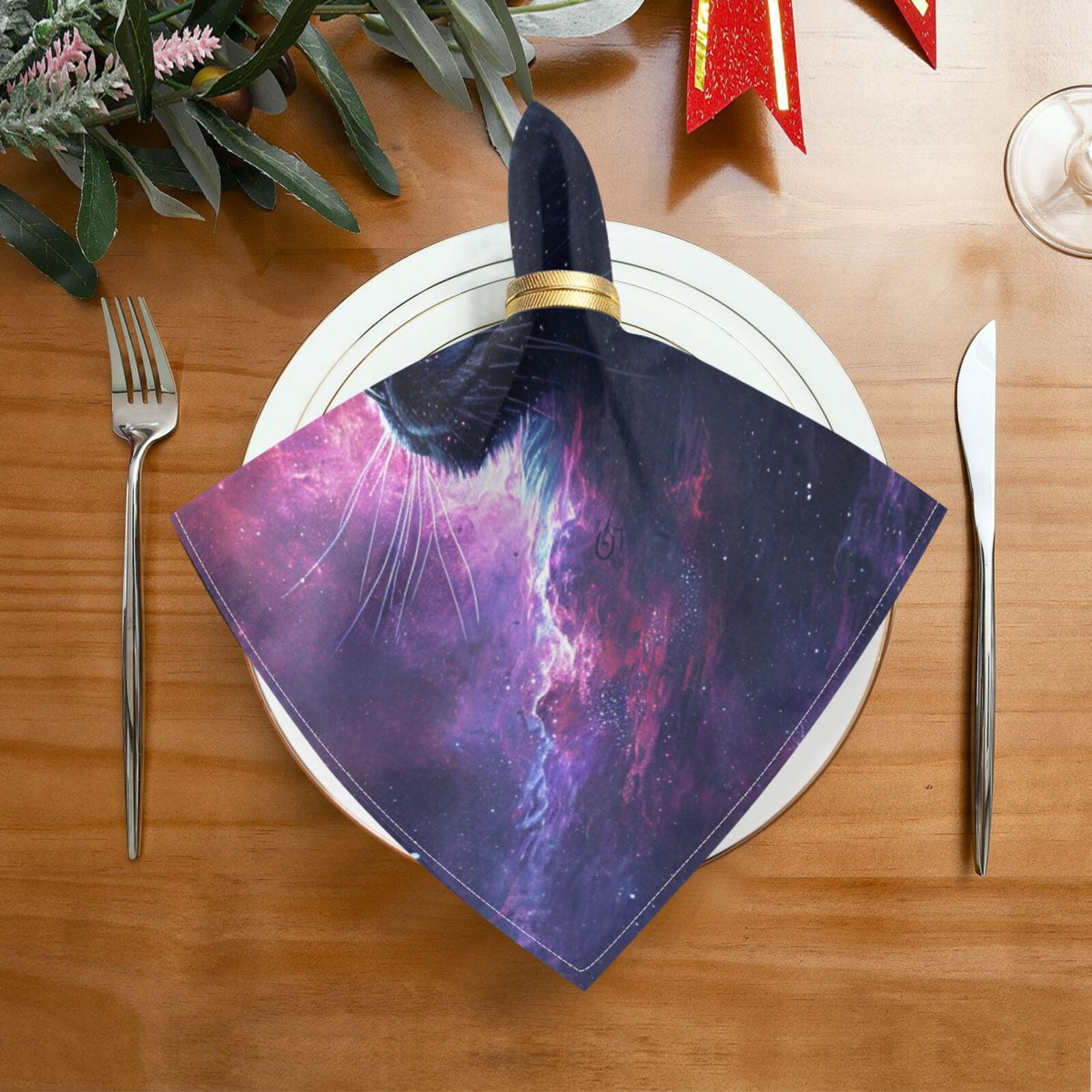 JSTEL Black Cat Galaxy Cloth Napkins Set of 6, 20x20 Inch Washable and Reusable Napkin for Decoupage Dinner Party Everyday Use