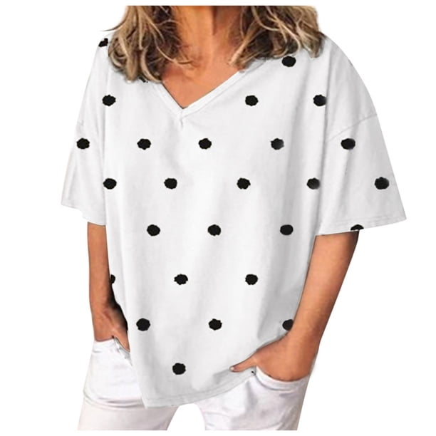 Blusa de manga corta con cuello en V y estampado de puntos sueltos informales de verano para mujer OAVQHLG3B Store lin121212