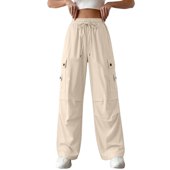 Edvintorg Cargo Pants for Women Lightweight Casual Loose Fit Elastic Waisted Wide Leg Trousers with Drawstring Beige M