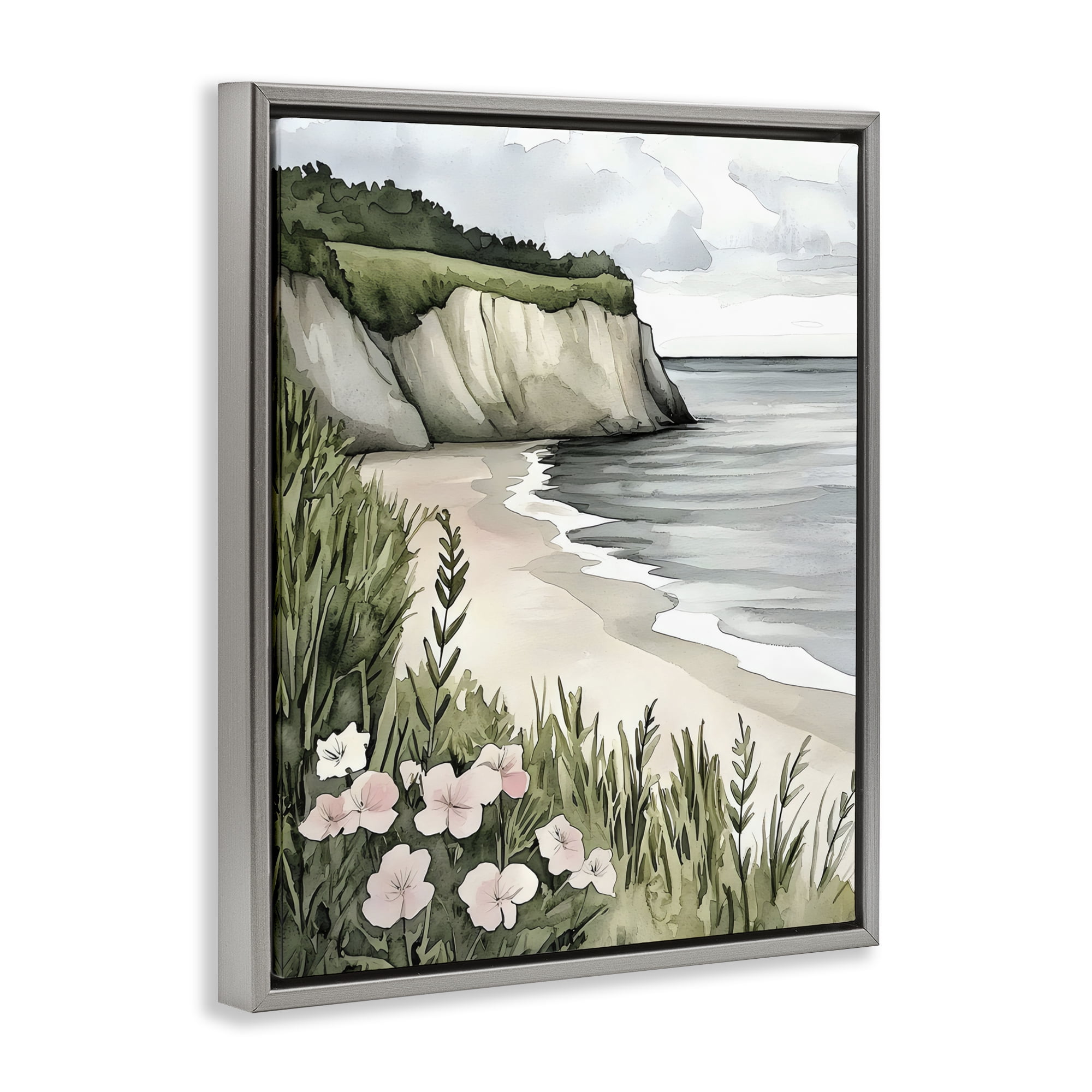 Stupell Industries Coastal Calm with Floral Blooms Gray Framed Floater Canvas Wall Art, design by Riley B