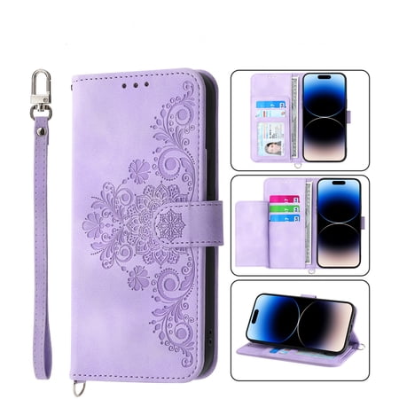 SaniMore for iPhone 13 Pro 6.1 Magnetic Flip Wallet Case with Cross Body Strap PU Leather Case with Card Slot & Multi-Angle Kickstand Shockproof Protective Case for Girls Ladies Purple