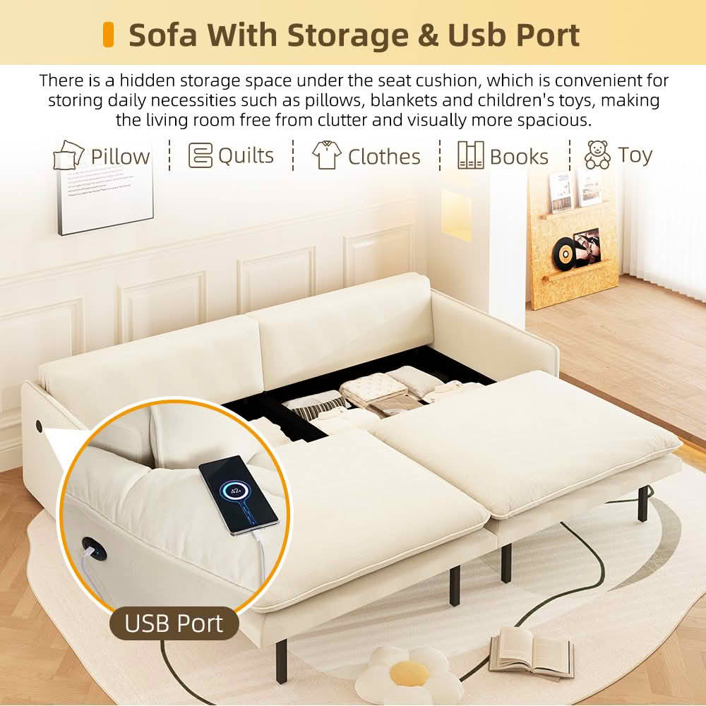 MAYEERTY 81.1" 4‑Seat Convertible Sleeper Sofa Bed, Cloud‑Like Chenille Couch with Storage, USB Port and 2‑in‑1 Pillows