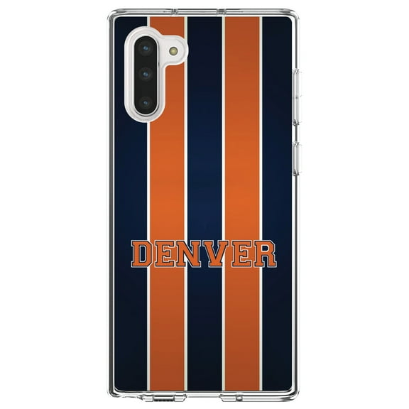 DistinctInk Clear Shockproof Hybrid Case for Samsung Galaxy Note 10 (6.3" Screen) - TPU Bumper, Acrylic Back, Tempered Glass Screen Protector - Orange Navy Broncos - Football Team
