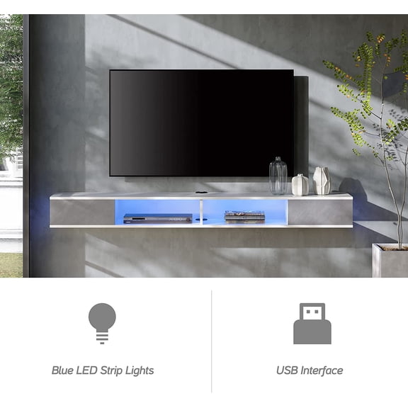 70 inch Floating TV Stand for Wall Mounted with Blue Lights, Floating Entertainment Center TV Cabinet for Living Room,Grey&White