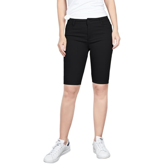 2Luver, Women's, Stretchy 5 Pocket Mid-Rise Solid Color Classic Skinny Bermuda Shorts, Black, 15