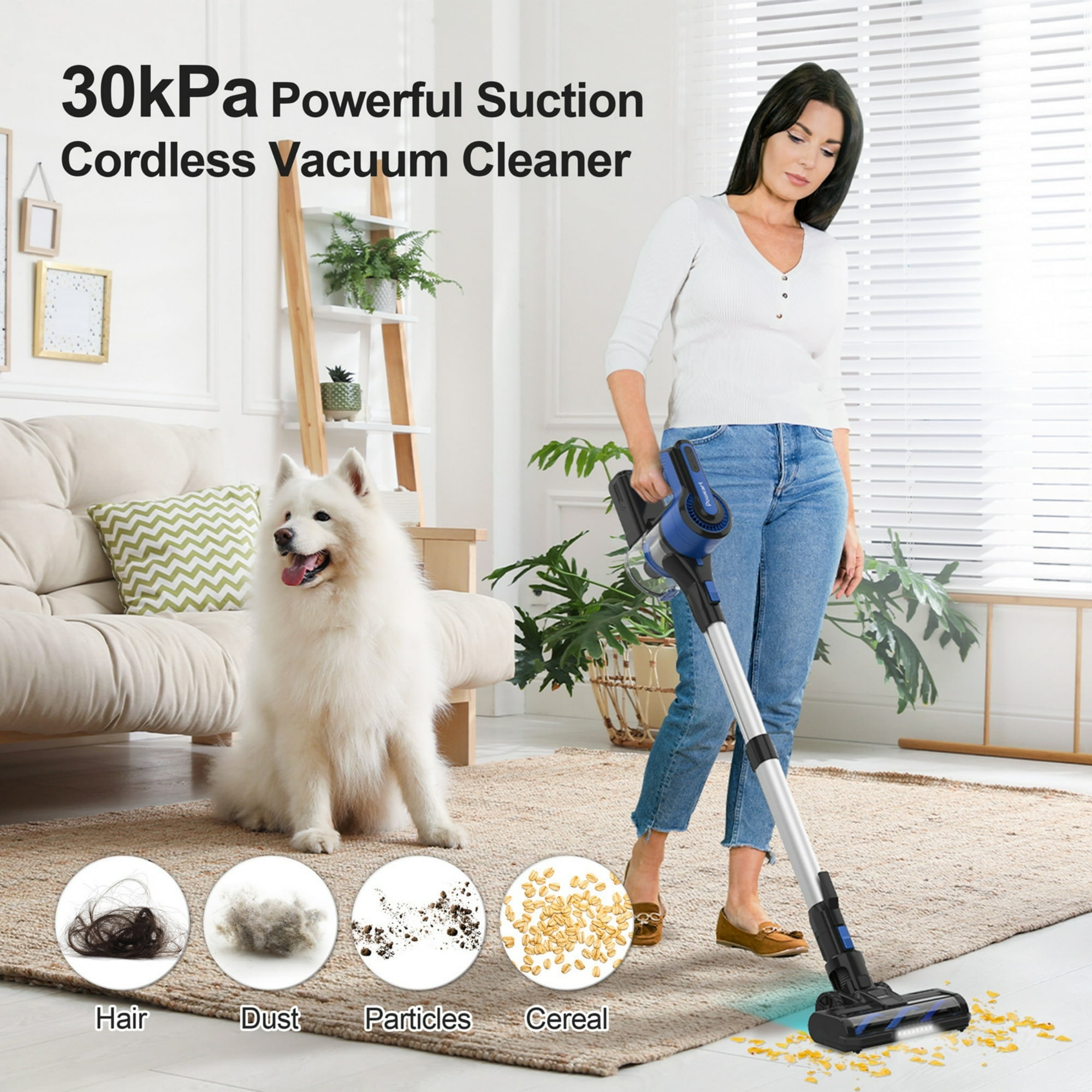 Cordless Vacuum Cleaner,30Kpa 60min Runtime Lightweight Stick Vacuum,8 in1 Self-Standing,Rechargeable Vacuum Cleaners for Pet Hair,Carpet,Hardwood Floor V870(Blue)