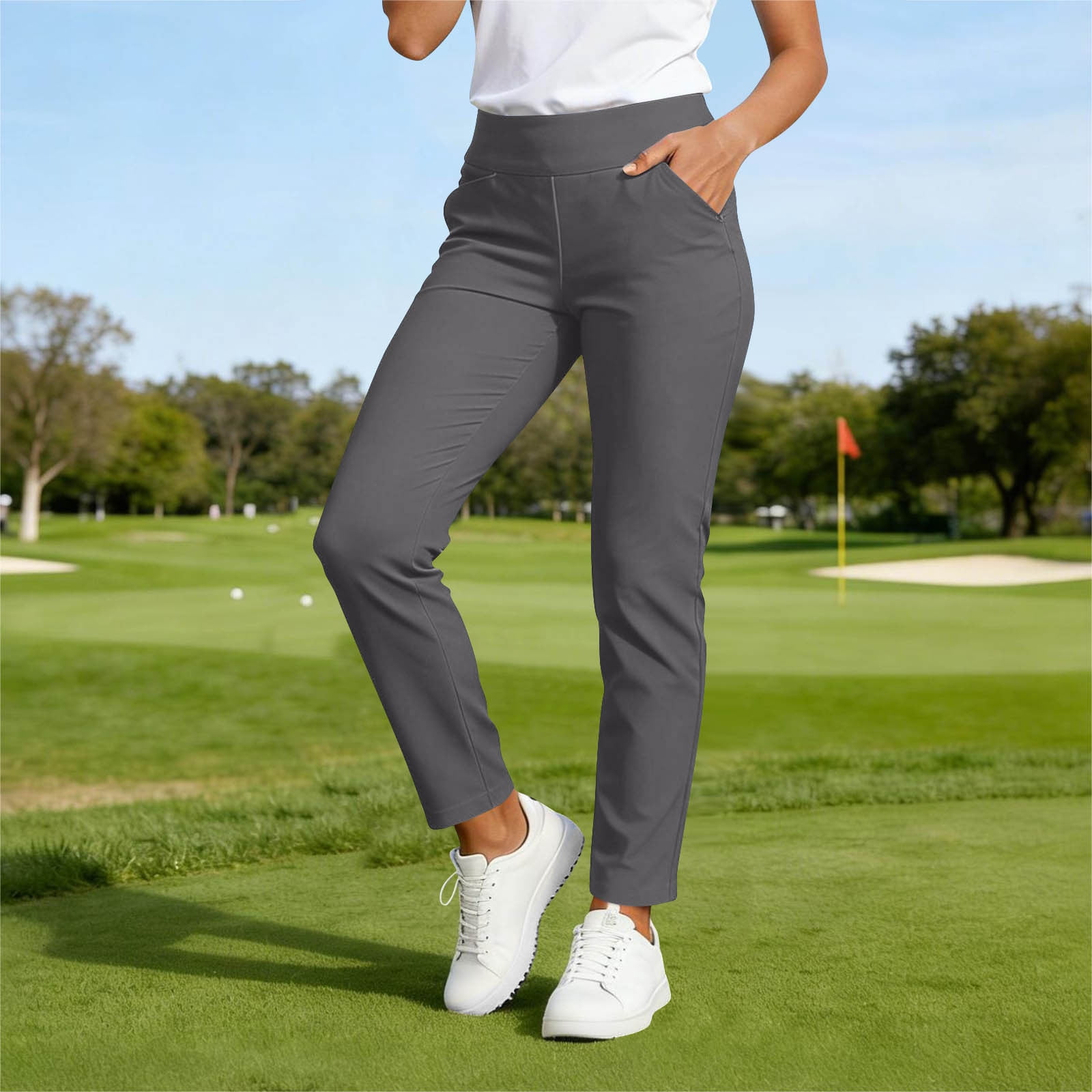 Women's Straight Leg Golf Pants, Versatile Solid Stretchy High Waisted Business Casual Trousers with Pockets