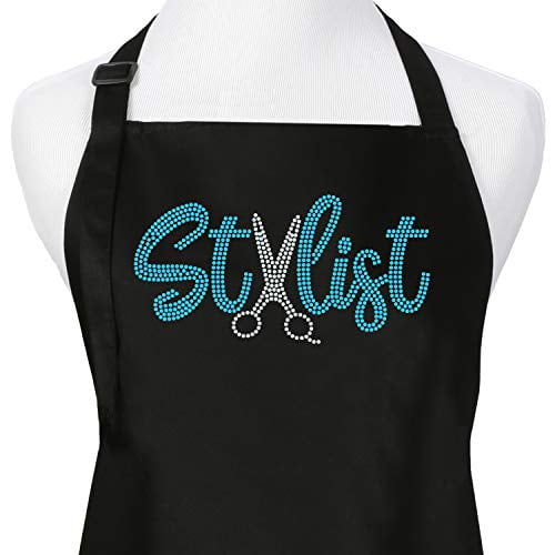 Hair Stylist Salon Apron with Teal Rhinestones Scissor Design, Black with 3 Pockets Hair Stylist Salon Apron with Teal Rhinestones Scissor Design, Black with 3 Pockets