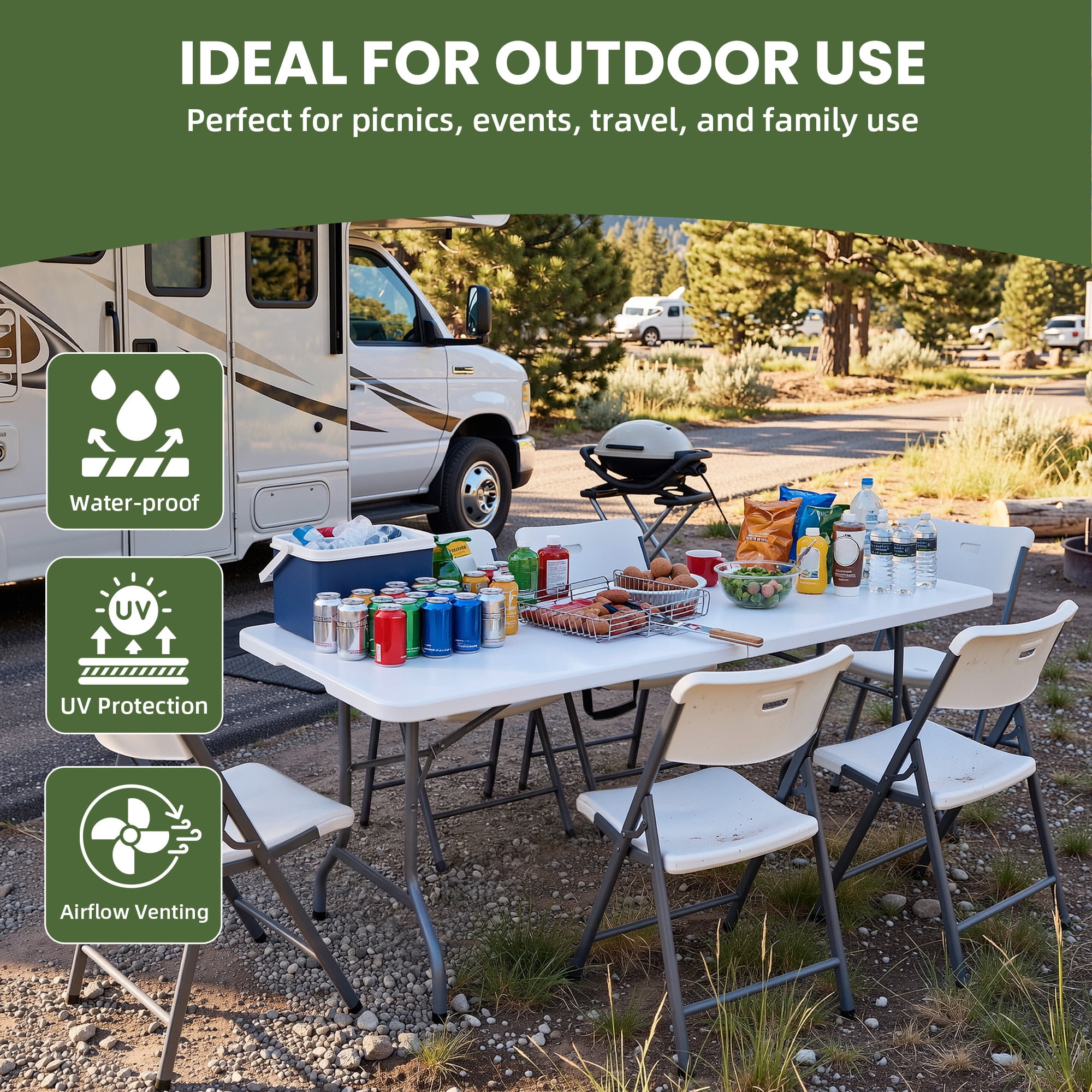 Uforic 6 ft Folding Table, Heavy Duty 1.38" Thick Tabletop, Portable Foldable Table with Built-in Carry Handle, Ideal for Indoor Events, Camping, Picnic, Party, Patio and Outdoor Gatherings, White