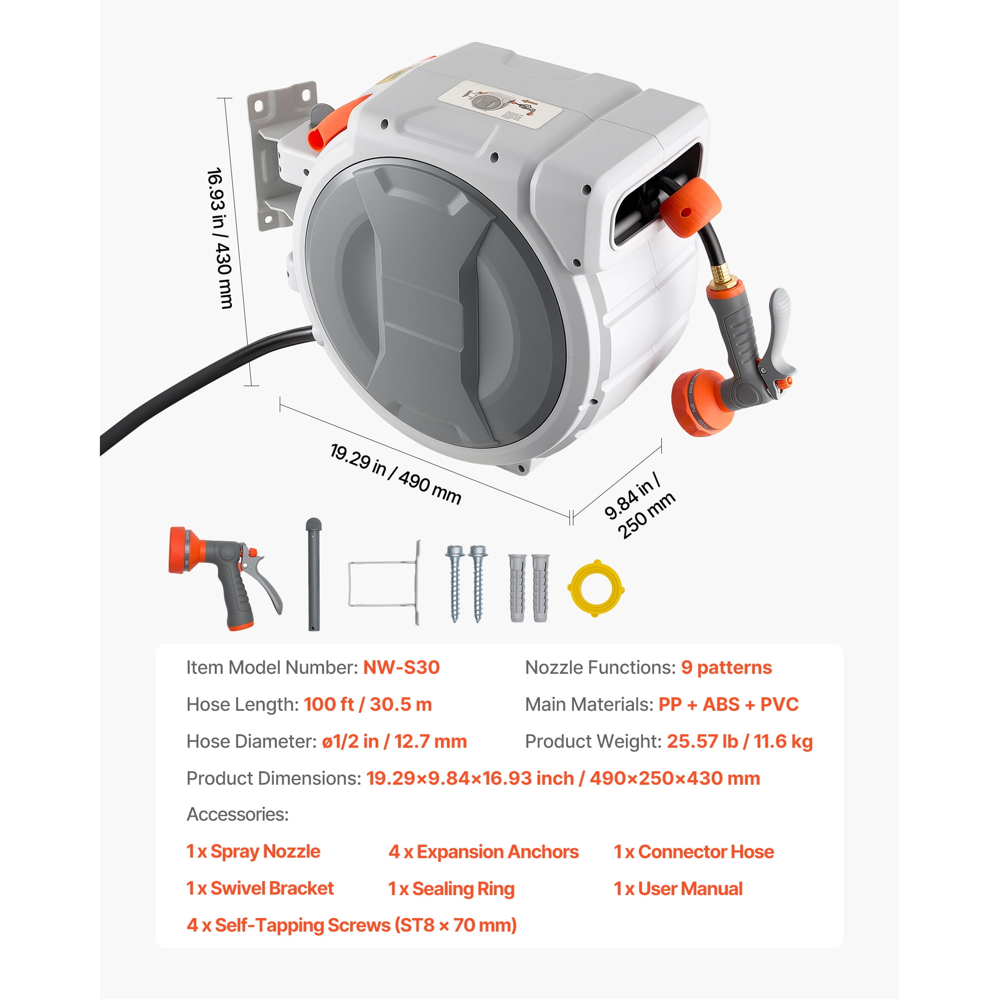 KFFKFF Retractable Garden Hose Reel, 1/2 in x 100 ft, Wall-Mountable with 9-Pattern Spray Nozzle, 180° Swivel Bracket, Adjustable Length Lock, and Automatic Slow Rewind for Watering Tasks