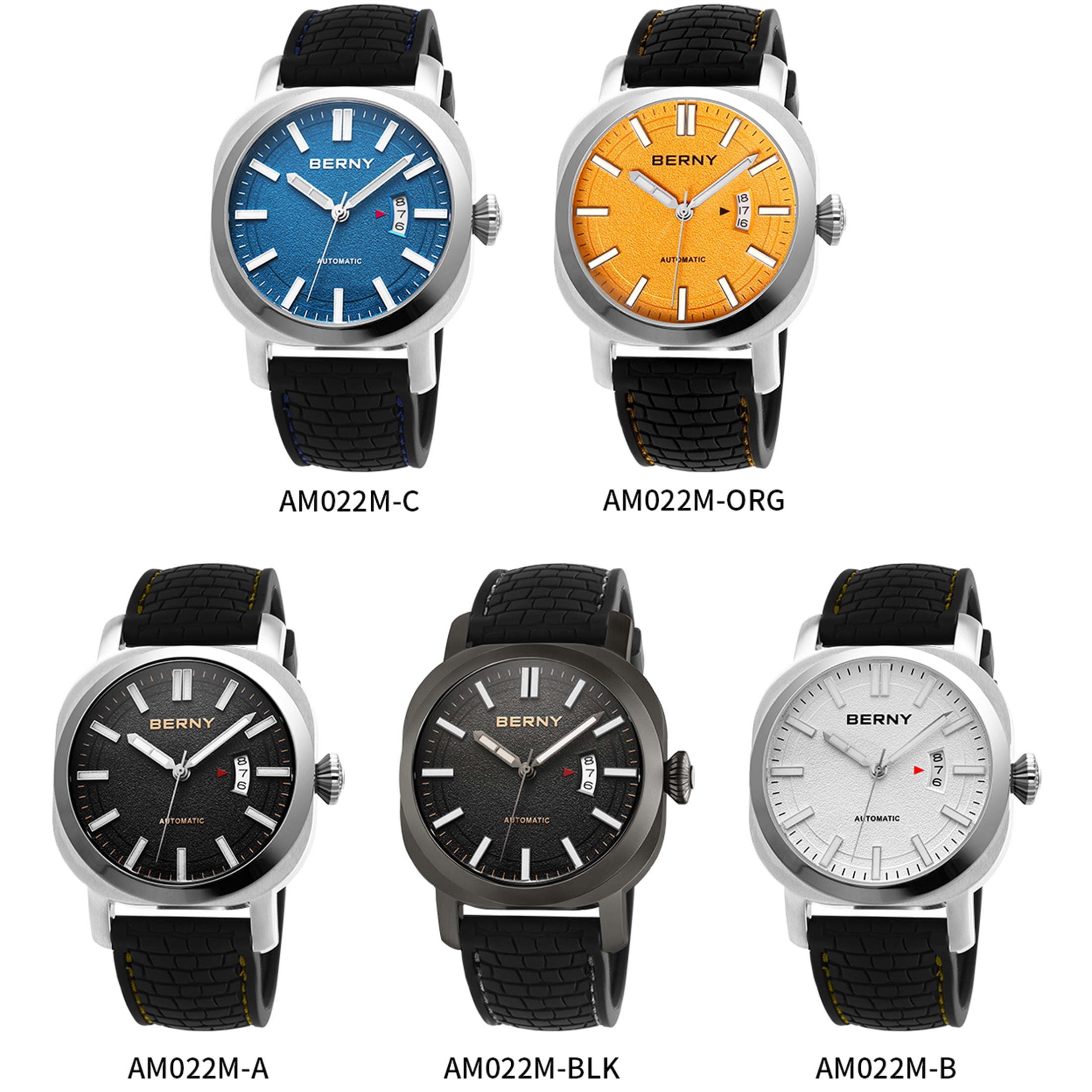 BERNY Automatic Watch for Men, Sport 10ATM Waterproof Mechanical Watch with Silicone Strap, Date Calendar, Super Luminous, Sapphire Glass, Fashion Men's Diver Wristwatch, Black