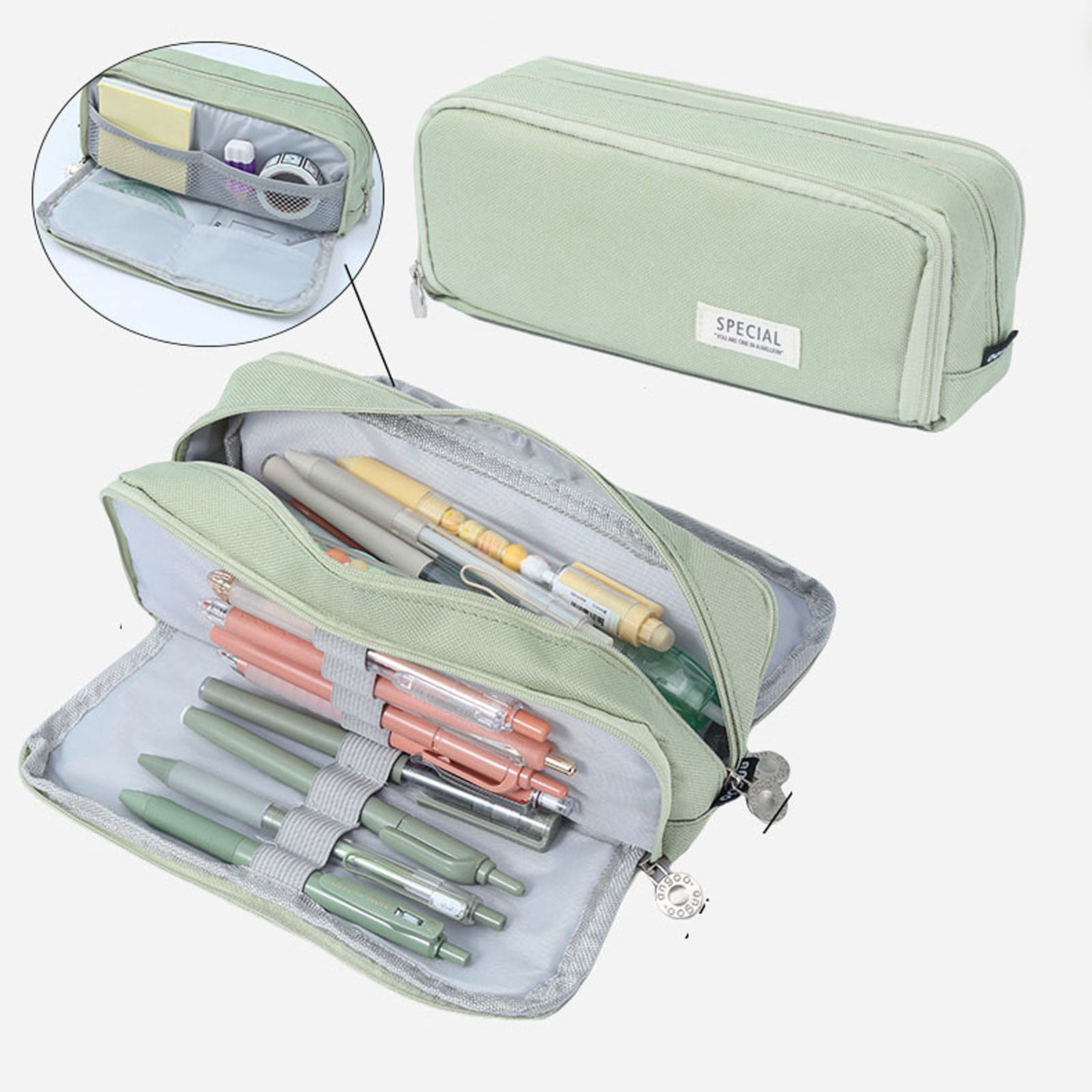 HengDidi 3-Piece Double Layer Japanese Korean Style Fabric Pen Organizer Multi-Pocket Stationery Storage Box for Campus and Office Decor