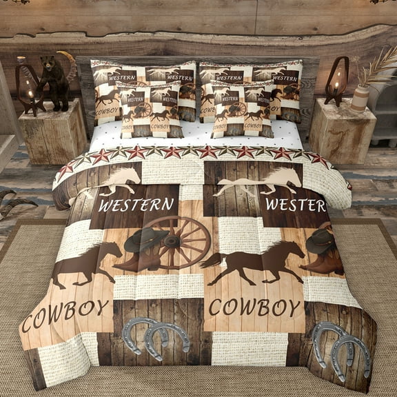 Manfei Western Cowboy 7-Piece Twin Bedding Sets,Rustic Horseshoe Texas Stars Bedding Comforter Set,Country Farmhouse Lodge Sheet Sets For Boys Teens,Super Cozy Room Decor Reversible